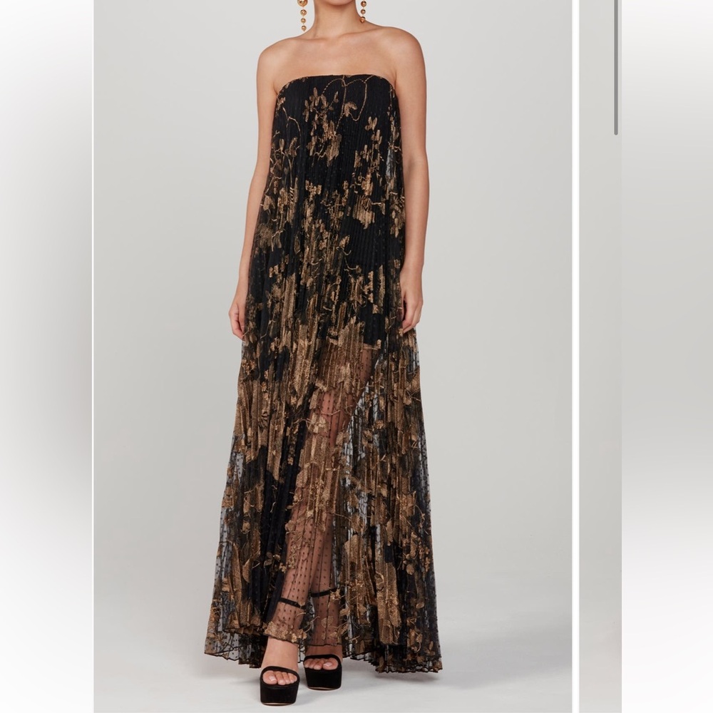 HELSI Delphine Dress in Black and Gold Metallic Floral Strapless Maxi Size M
